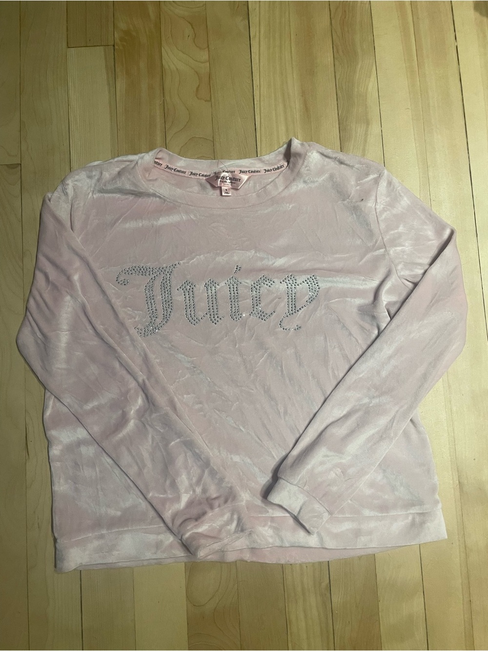 Juicy Couture Light Pink Velour Long-Sleeve Top with Rhinestone 'Juicy' Logo
